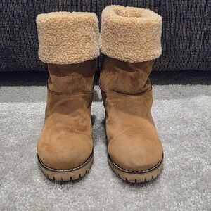 SHEIN Tan Heeled Boots with Fur Cuff